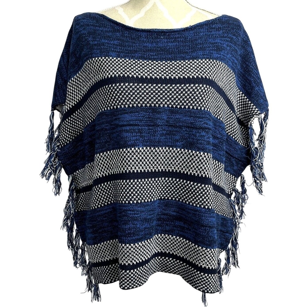 Chaps Denim Womens Blue Striped Fringe Poncho Pullover Sweater Large L